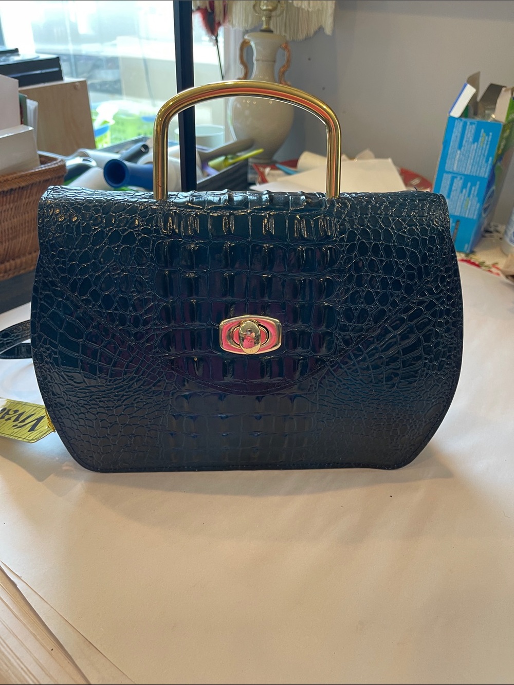 Vivace Structured Croc-Embossed Top-Handle Bag in Deep Blue NWT